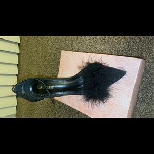 Black fluffy strapped heels